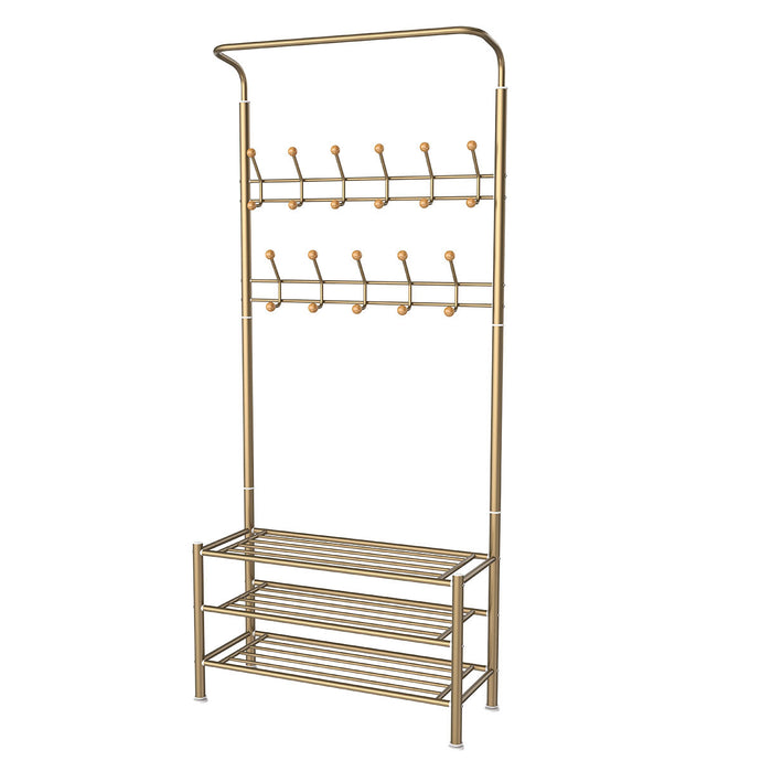Multi-purpose  2 in 1 Clothes Coat Stand and Shoe Rack for Coat Umbrella Hat Bags (Golden)