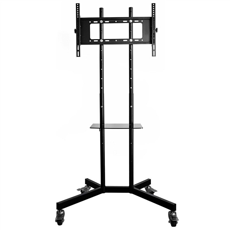 OULII Universal Adjustable Mobile Metal TV Stand Mount Bracket with Locking Wheels & Glass Shelf for 23